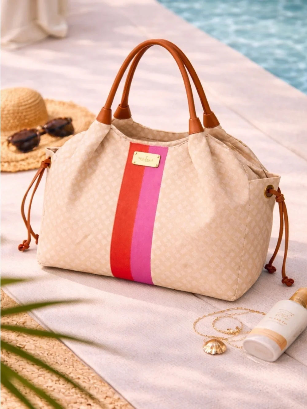 Kate Spade Canvas Tote Bag Beige Pink Stripe Large Travel Shoulder Chic